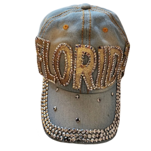 NWT Blue Denim and Bling Rhinestones Florida‎ Baseball Cap - Picture 1 of 10